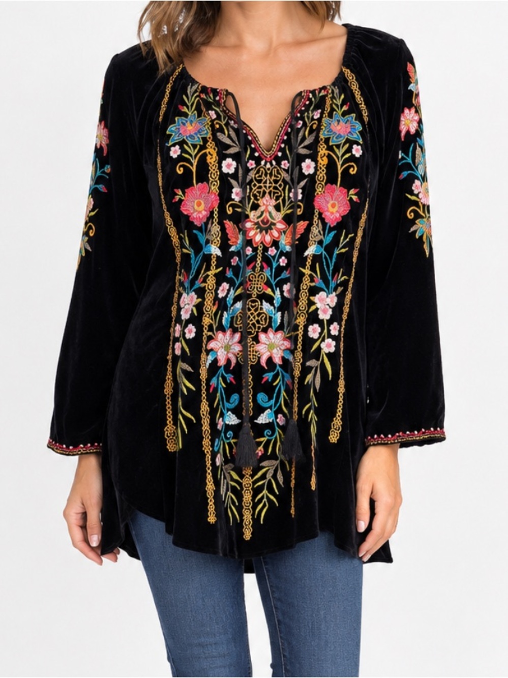 Johnny Was "Esther" Black Velvet Bell Sleeve Embroidered Tunic NWOT S